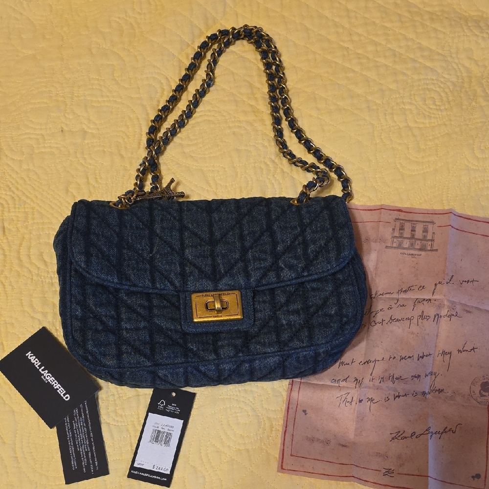 Karl Lagerfeld Navy Quilted Shoulder Bag with Gold Accents